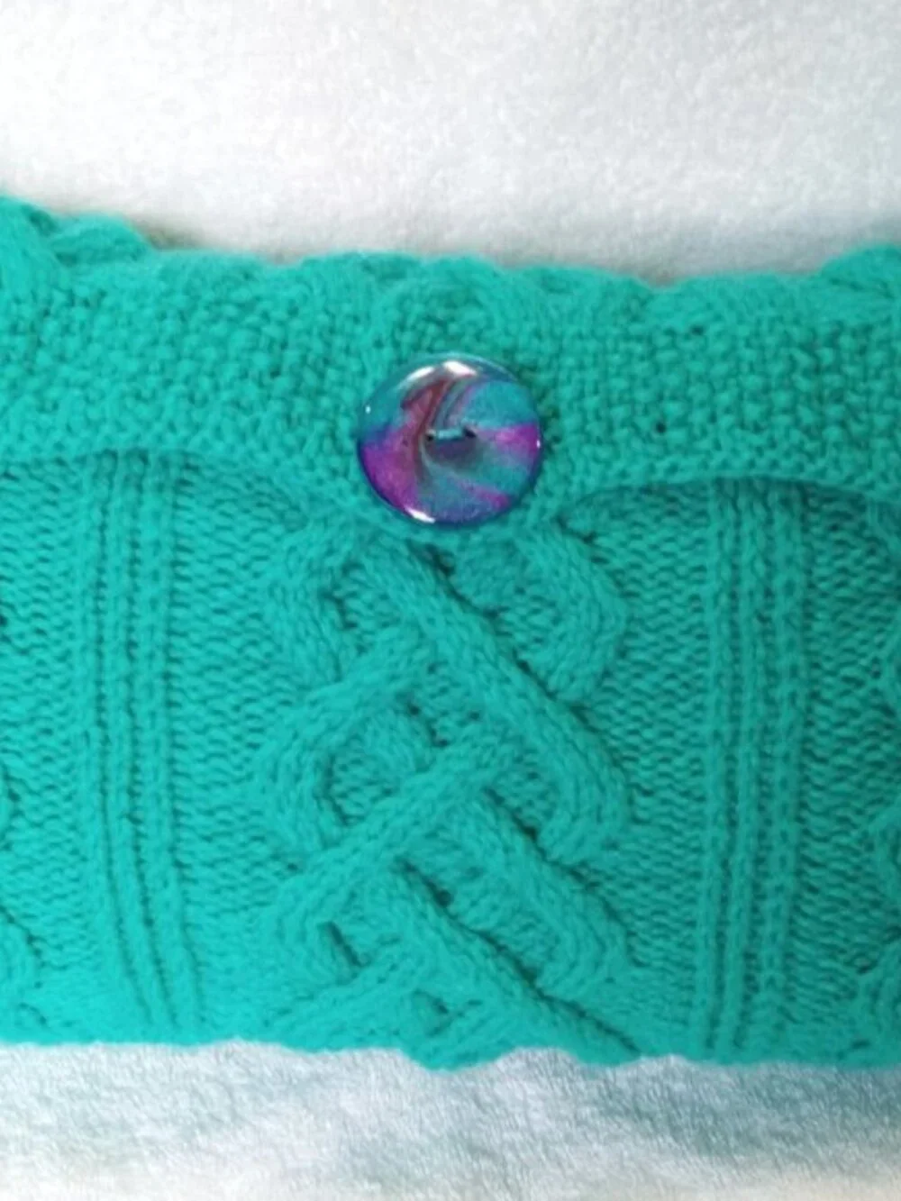 Hand Crafted Throw Pillow Hand Knit Turquoise Cable Hand Painted Button